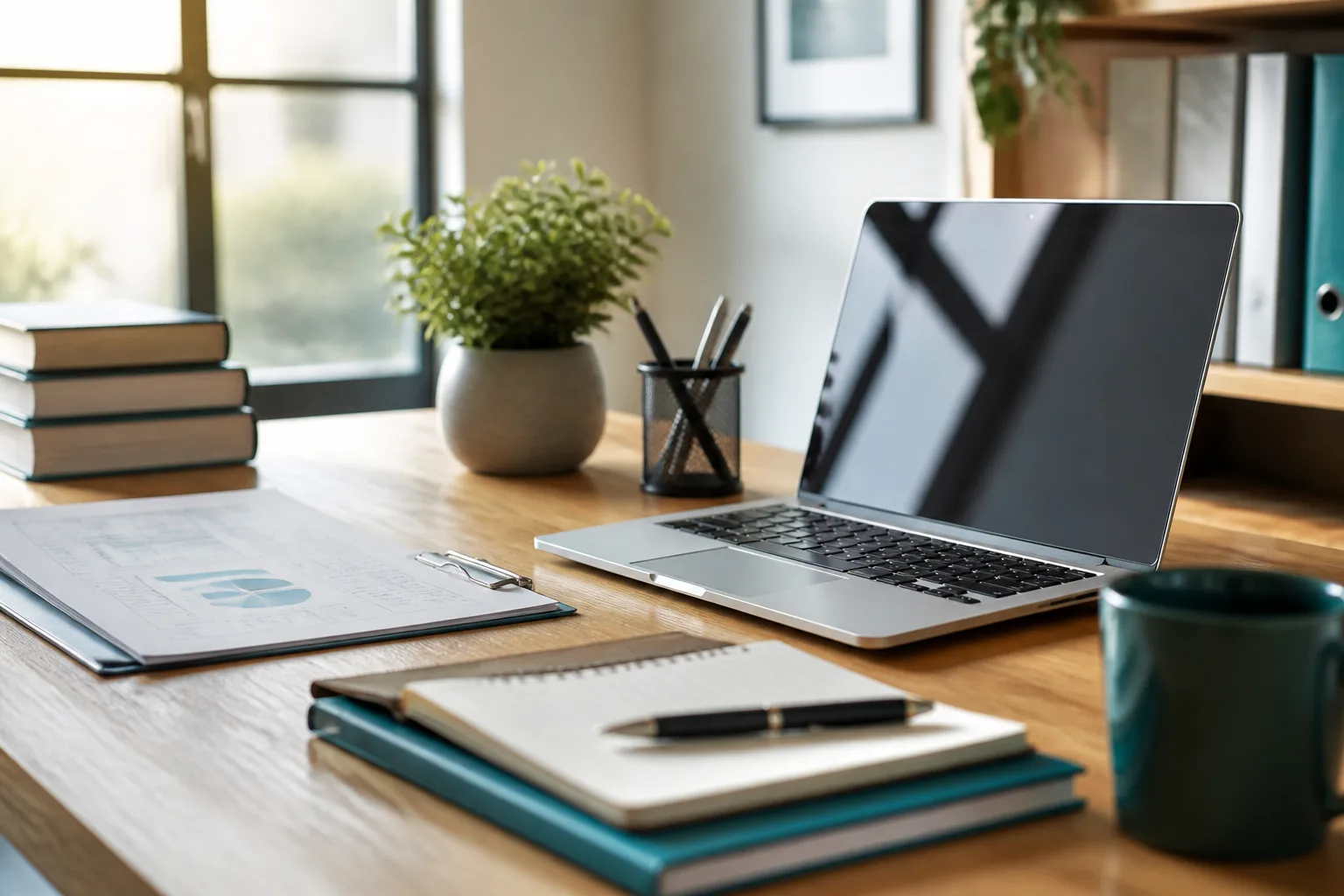 Professional finance workspace — notebooks and laptop beside AccruLynx Our Story